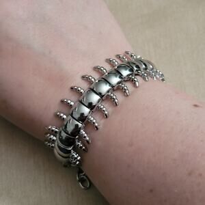 Creepy silver tone centipede insect bracelet